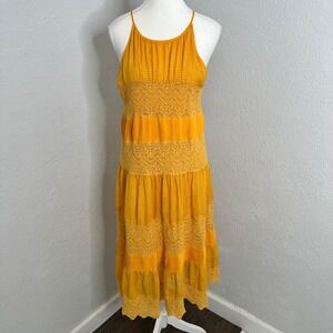 Anthropologie‎ HD in Paris Villanelle Yellow Lace Midi Dress Tiered Size M